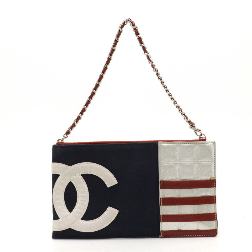 Chanel Chocolate Bar Chain Pouch Canvas Navy Blue